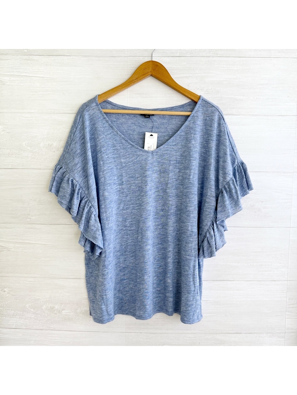 NWT a.n.a. Blue V Neck Ruffle Flutter Sleeve Knit Top Womens LT Large Tall